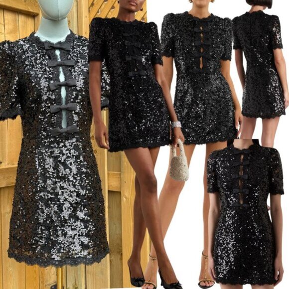🆕 REBECCA VALLANCE 🧿 NWOT x Nicky Hilton Diana Black Bow Sequin Mini, Sz US 6 - Picture 1 of 16